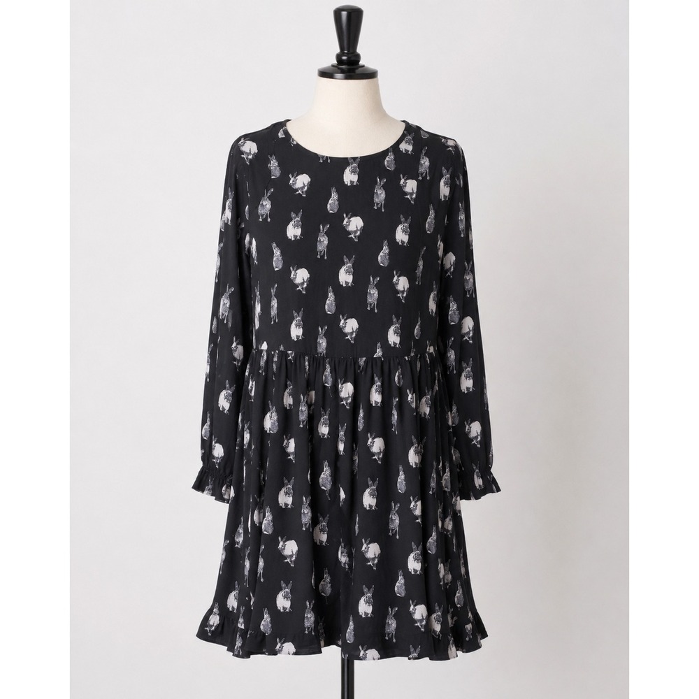 George Black Rabbit Print Long Sleeve Ruffle Mini Dress Womens XS Woodland Bunny